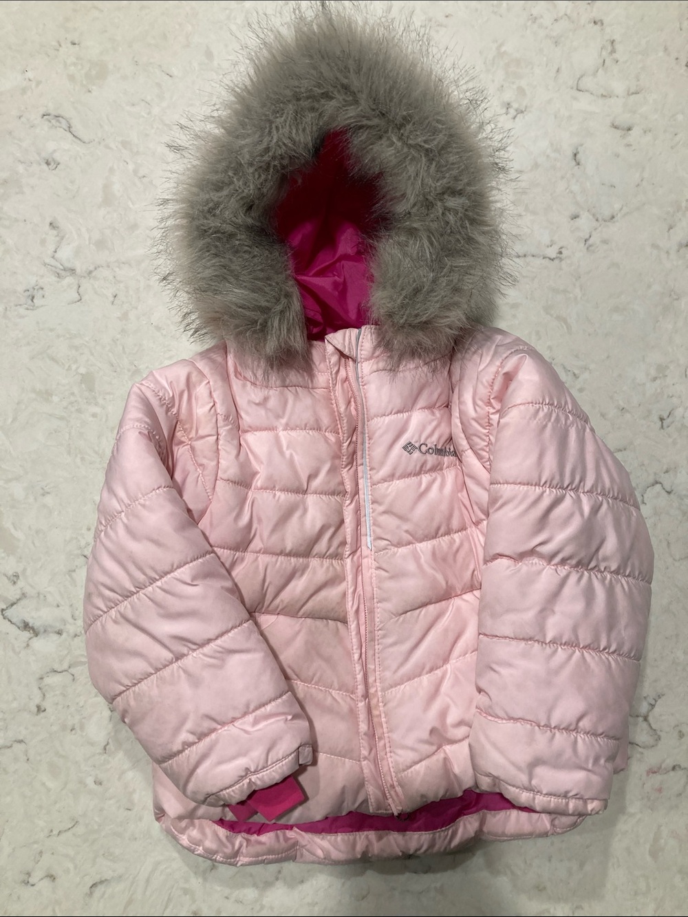 Columbia Light Pink Girls' Quilted Jacket with Faux-Fur Hood